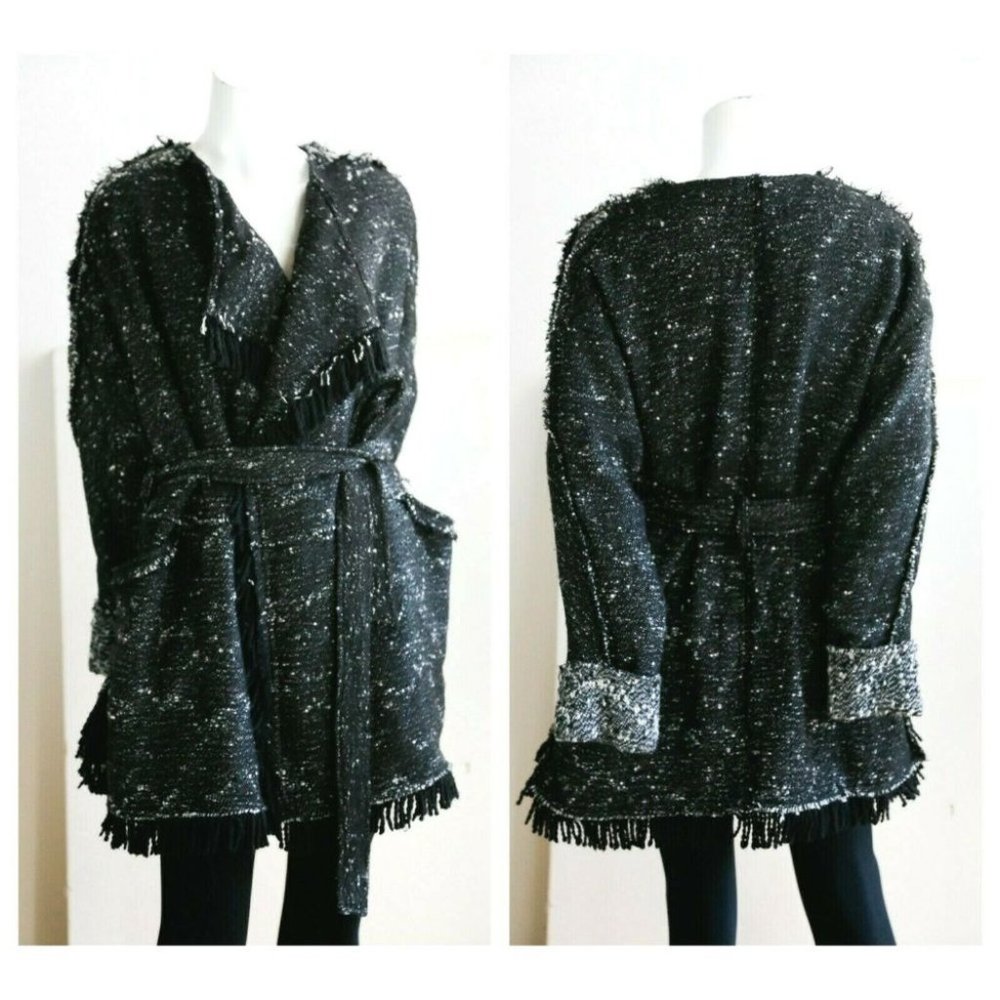 Free People Black Speckled Fringe Knit Belted Jacket